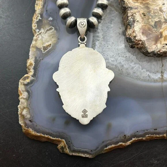 Sterling Southwestern Style Oval Moss Agate Tube Decorated Pendant For Women